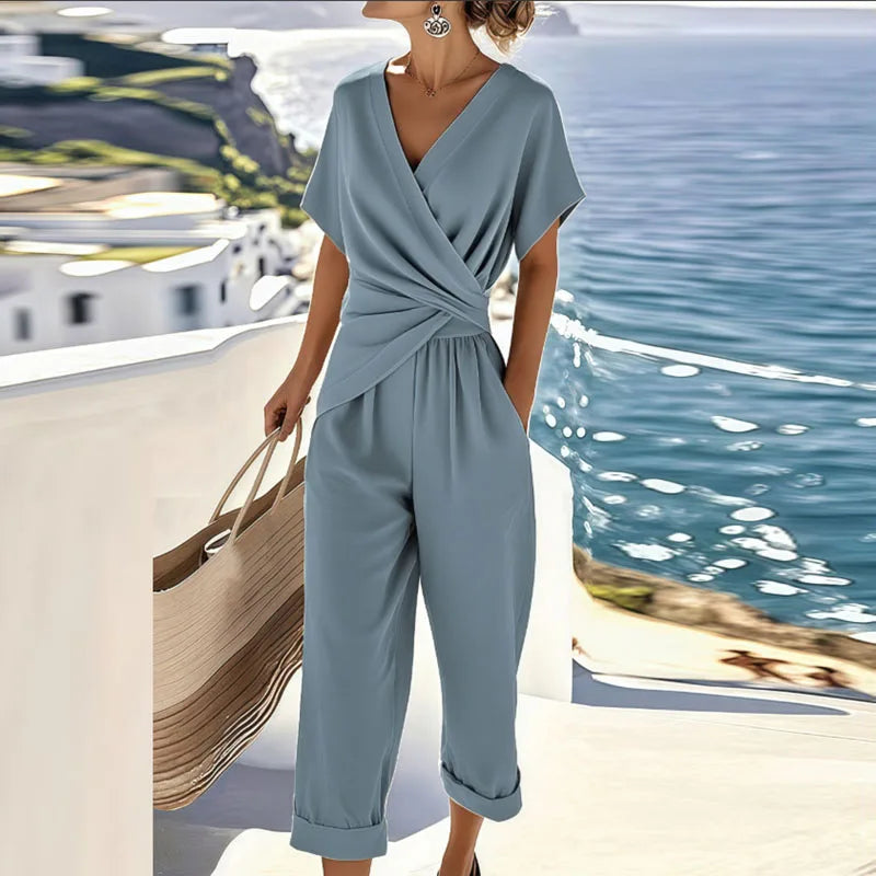 Women's Wrap V-Neck Jumpsuit | Cropped Wide Leg-2