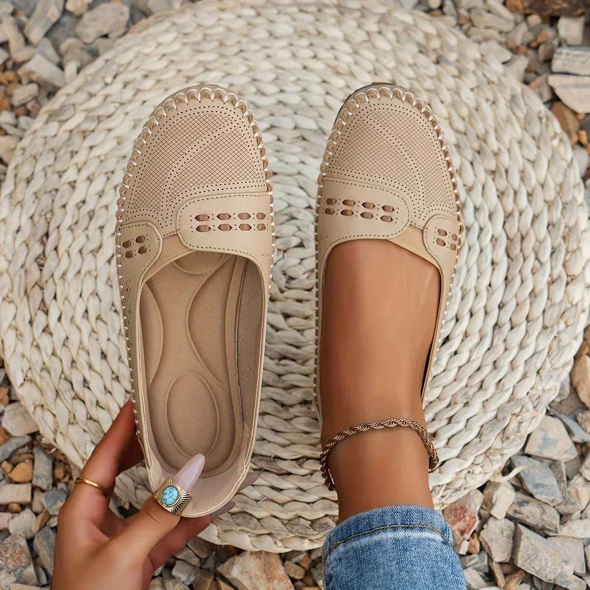 Women's Perforated Flat Loafers | Slip-On Moccasins-1