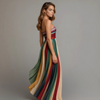 Women's Strapless Maxi Dress | Striped Colorblock-3