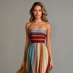 Women's Strapless Maxi Dress | Striped Colorblock-2