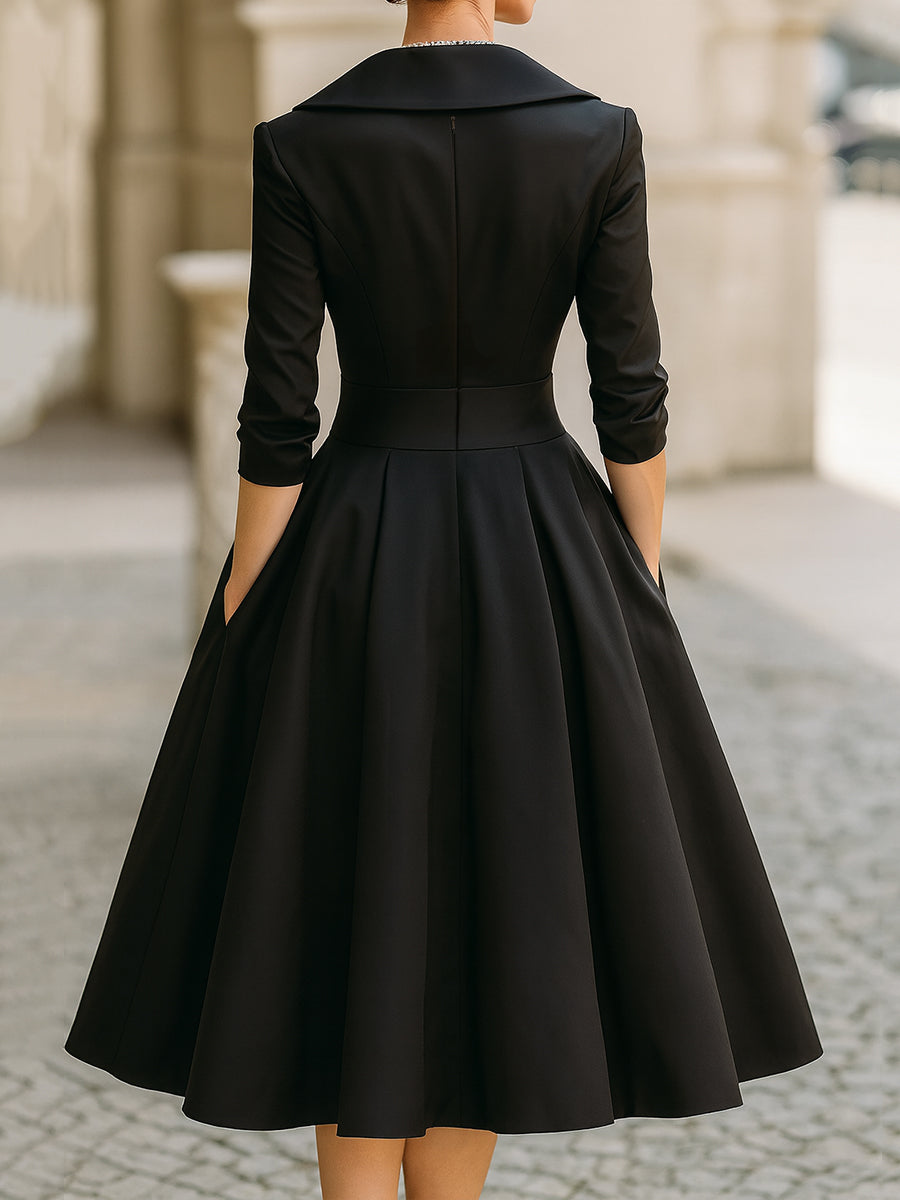 Women's V-Neck Pleated Midi Dress | A-Line 3/4 Sleeve-6