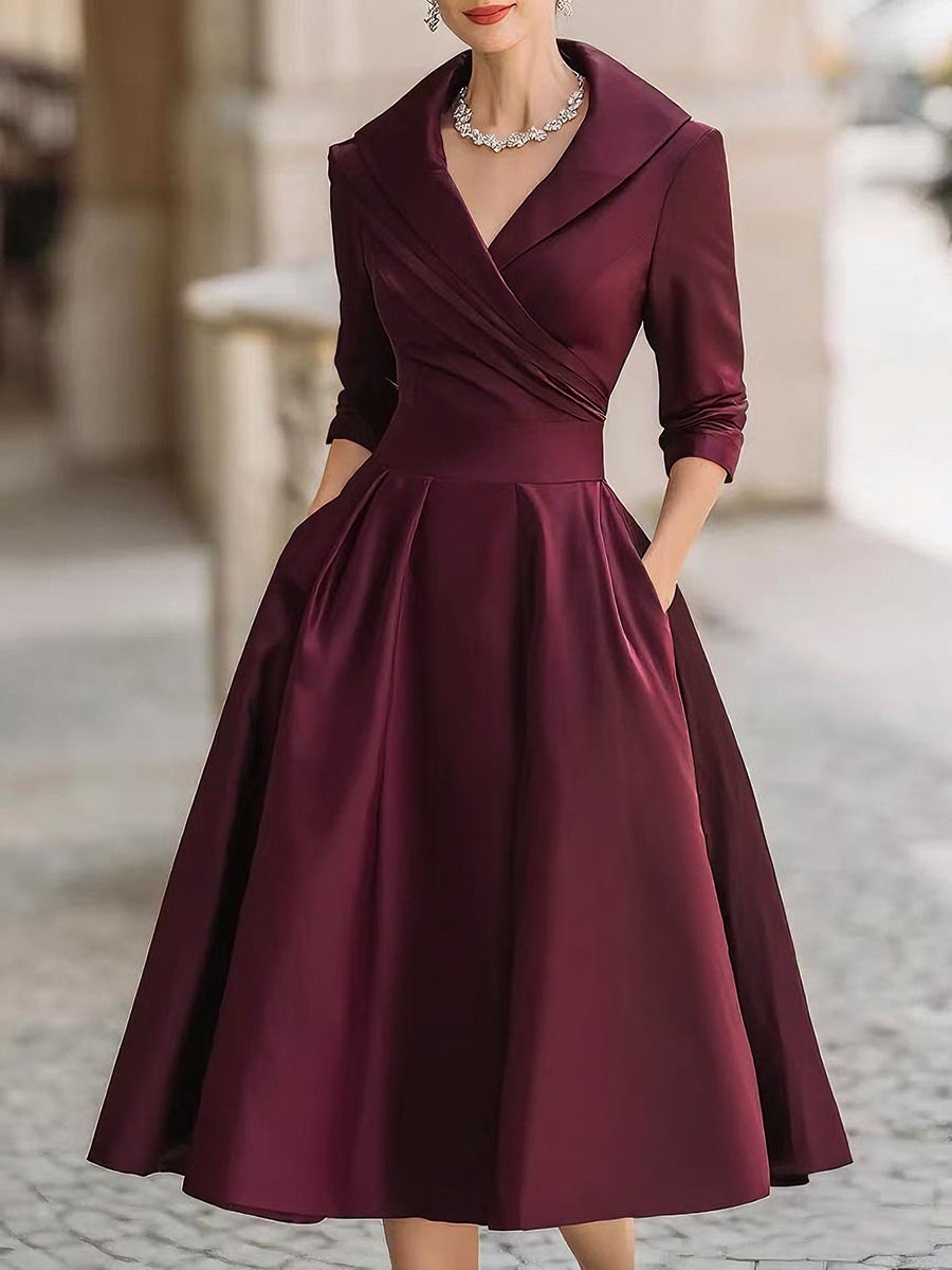 Women's V-Neck Pleated Midi Dress | A-Line 3/4 Sleeve-2