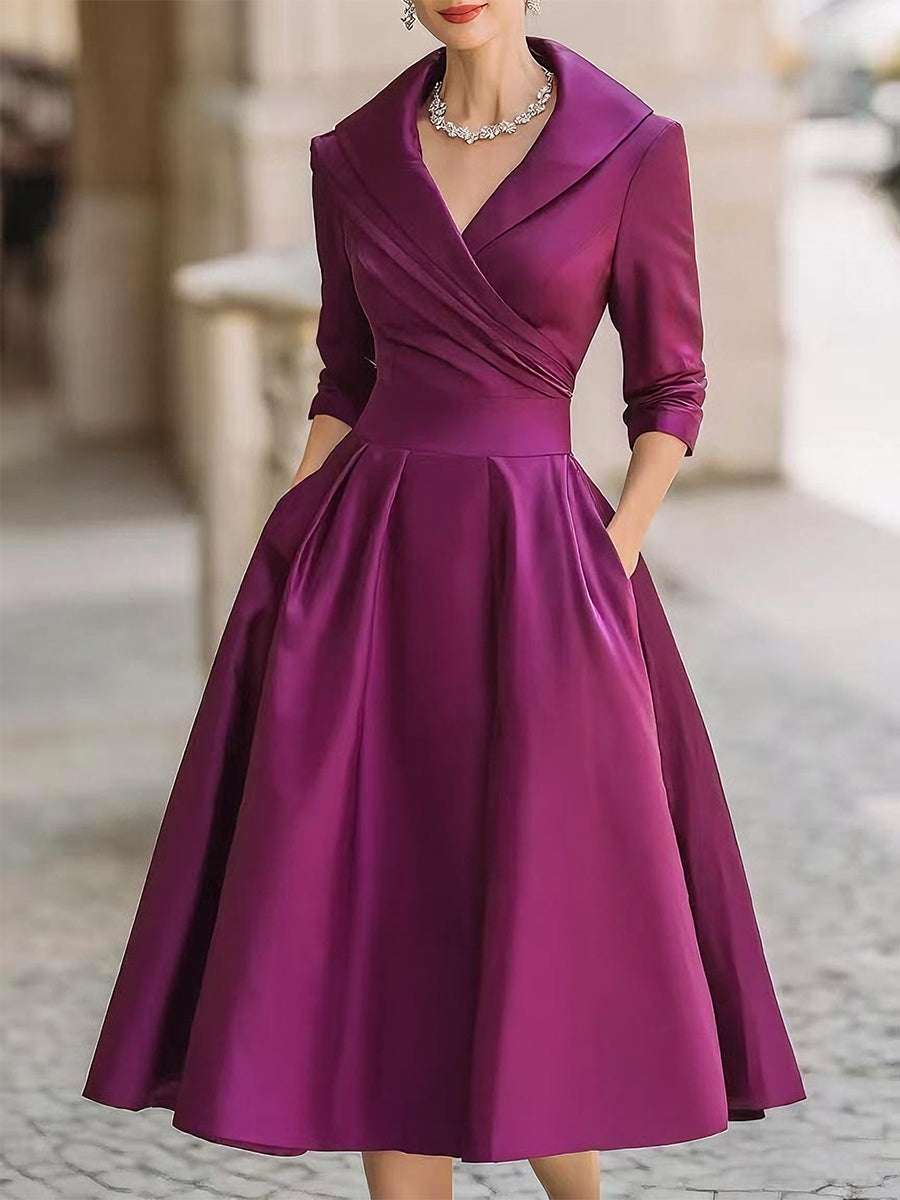 Women's V-Neck Pleated Midi Dress | A-Line 3/4 Sleeve-4