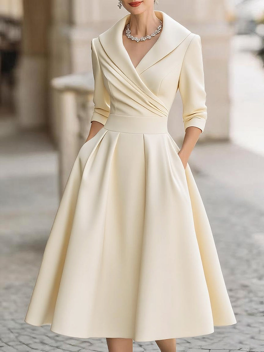 Women's V-Neck Pleated Midi Dress | A-Line 3/4 Sleeve-3