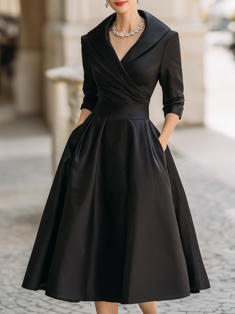 Women's V-Neck Pleated Midi Dress | A-Line 3/4 Sleeve-5