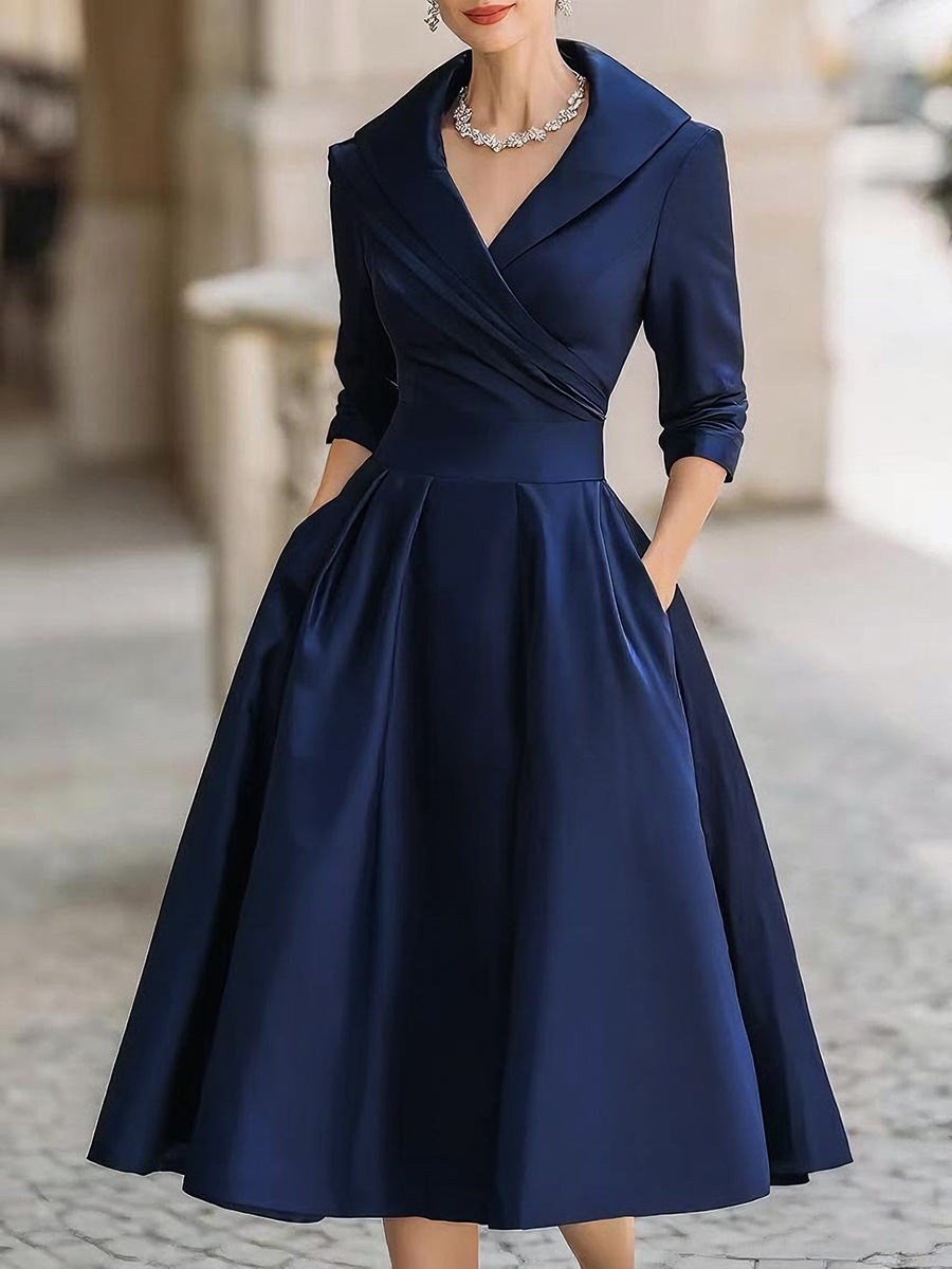 Women's V-Neck Pleated Midi Dress | A-Line 3/4 Sleeve-1