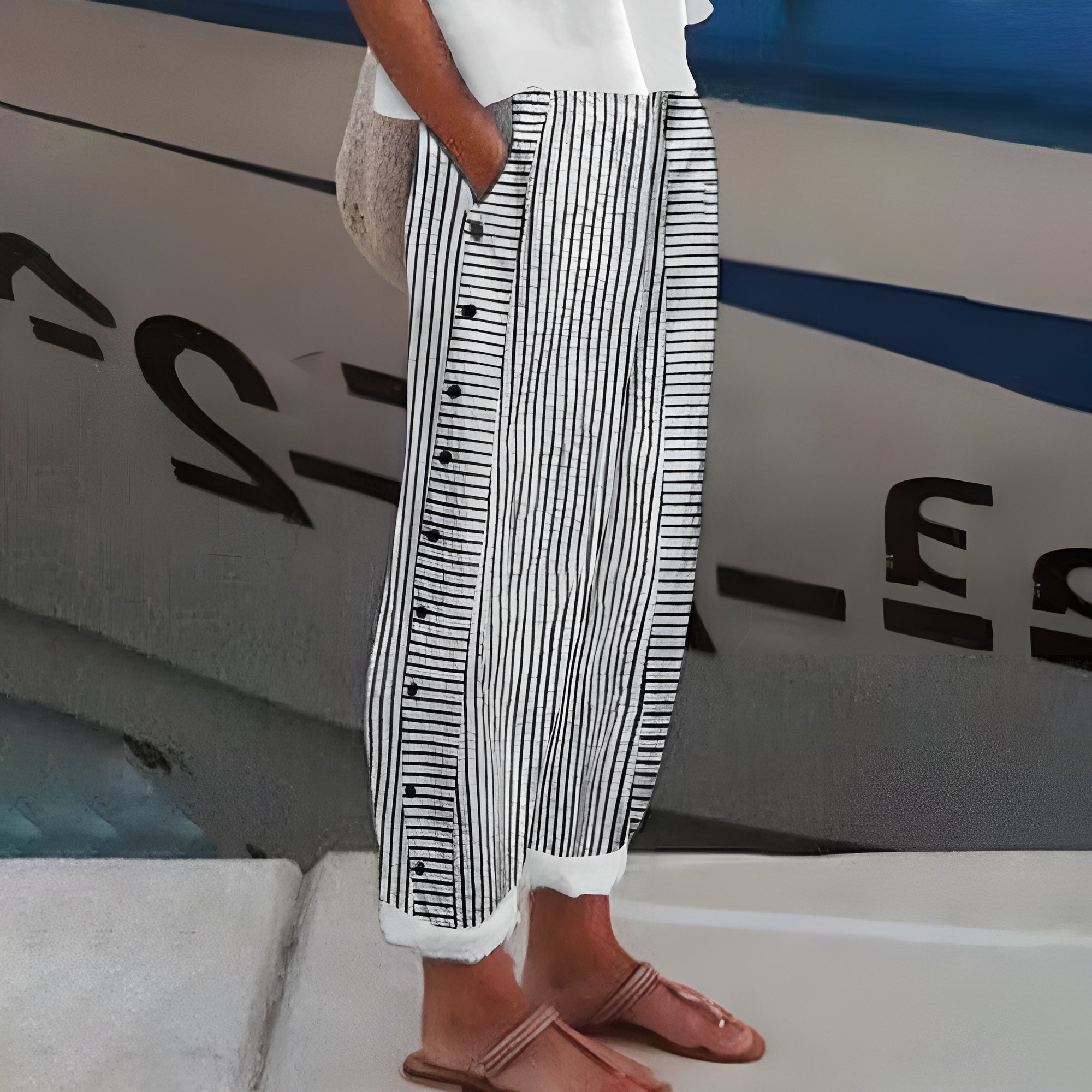 Women's Striped Wide Leg Pants | Button Side Detail-2