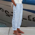 Women's Striped Wide Leg Pants | Button Side Detail-1