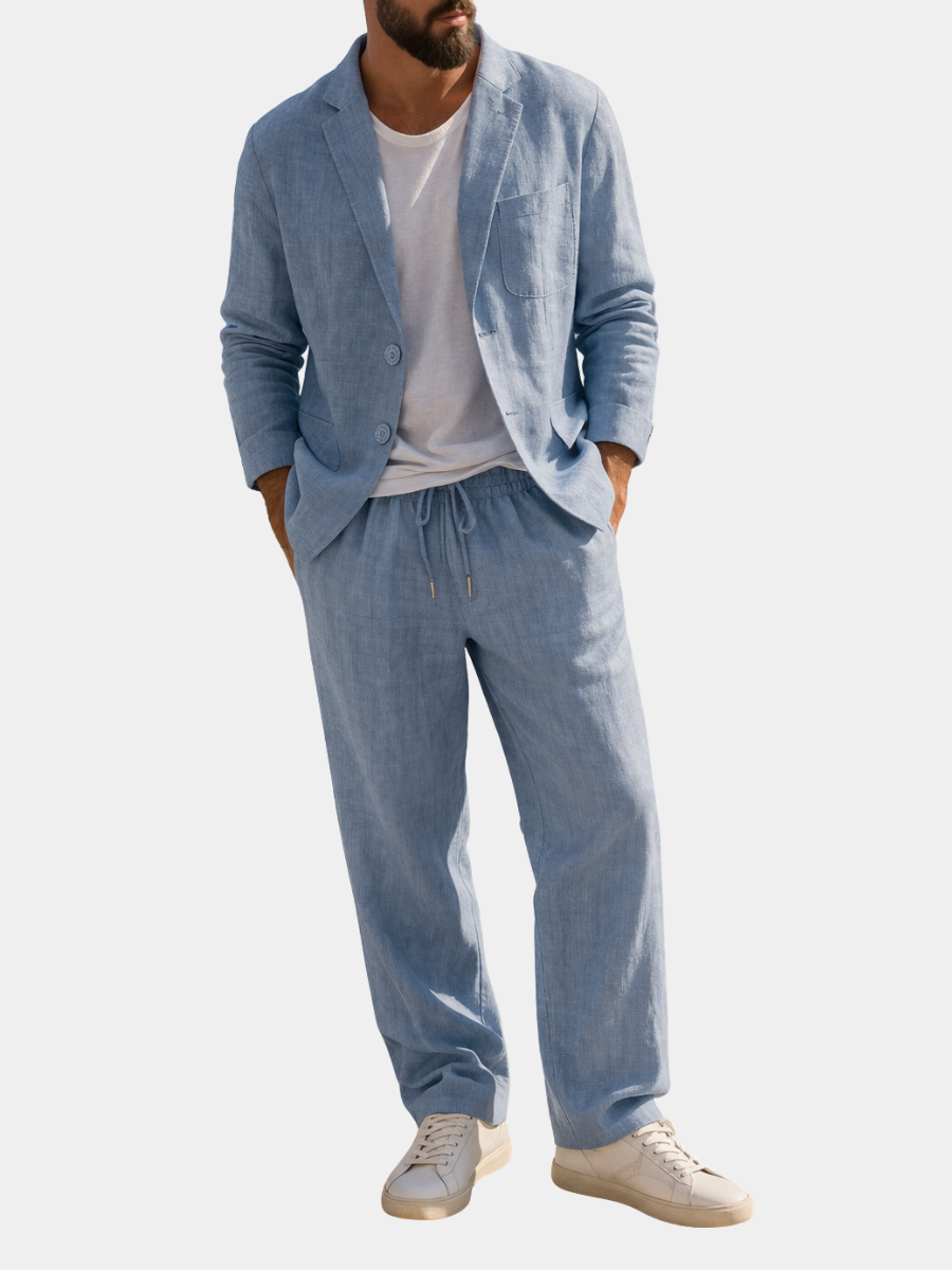Men's Linen Blazer Wide Leg Pants Set | Casual-1