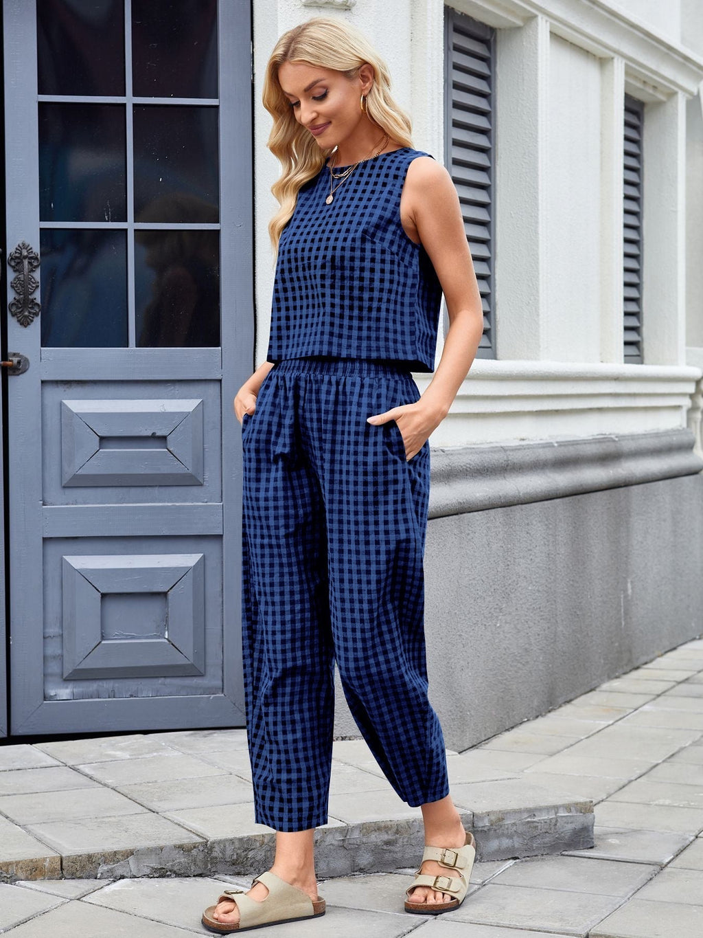 Women's Checkered Wide Leg Pants Set | Casual-6
