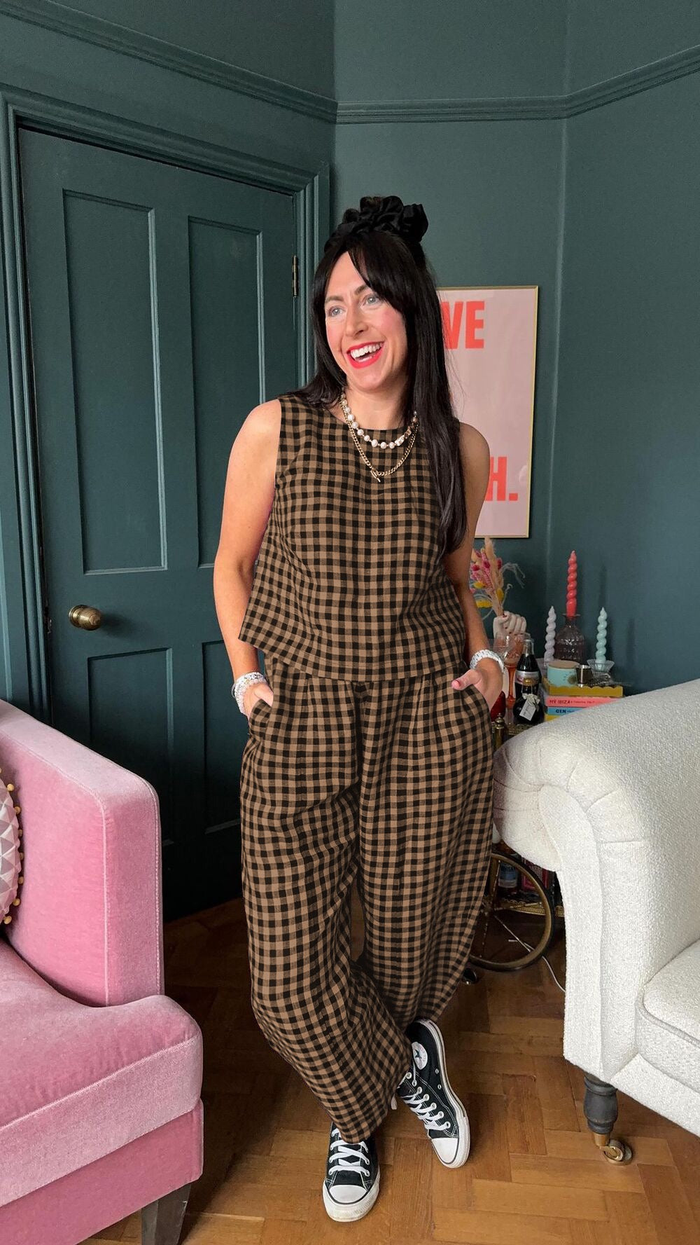 Women's Checkered Wide Leg Pants Set | Casual-13