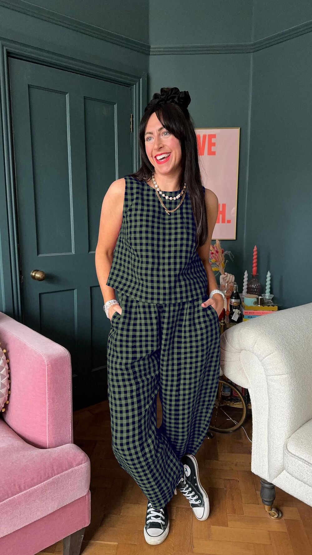 Women's Checkered Wide Leg Pants Set | Casual-1