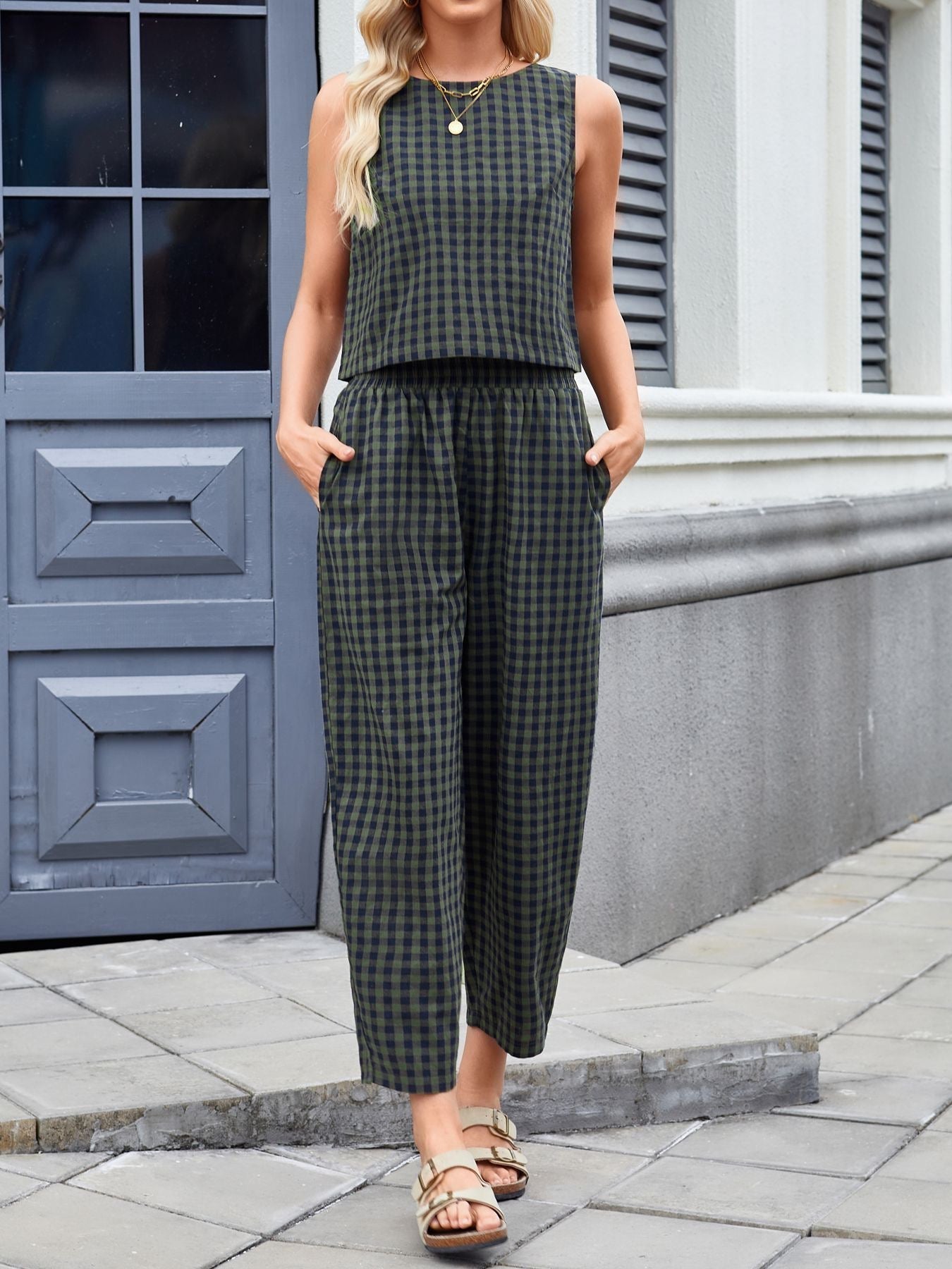 Women's Checkered Wide Leg Pants Set | Casual-12
