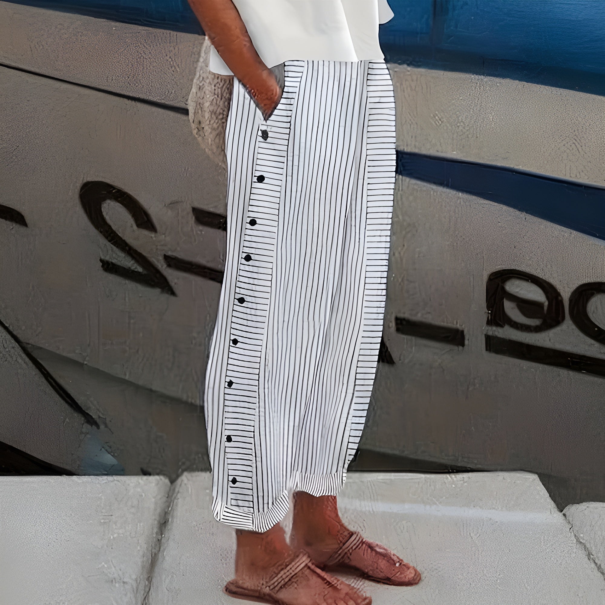 Women's Striped Wide Leg Pants | Button Side Detail-3