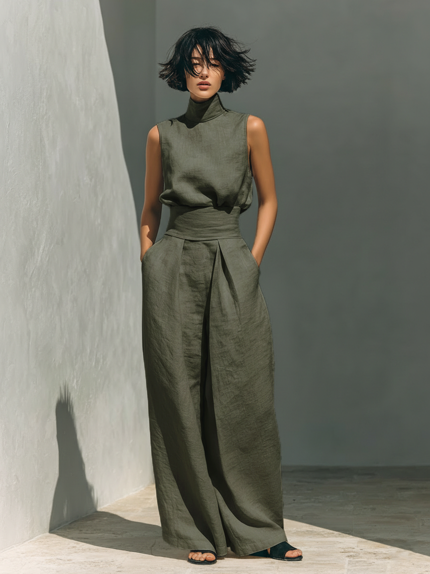 Women's Maxi Set | Sleeveless Wide Leg Pants-3