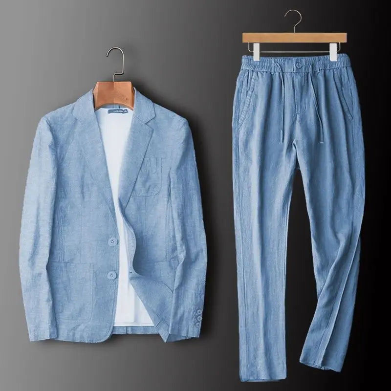 Men's Linen Blazer Wide Leg Pants Set | Casual-3