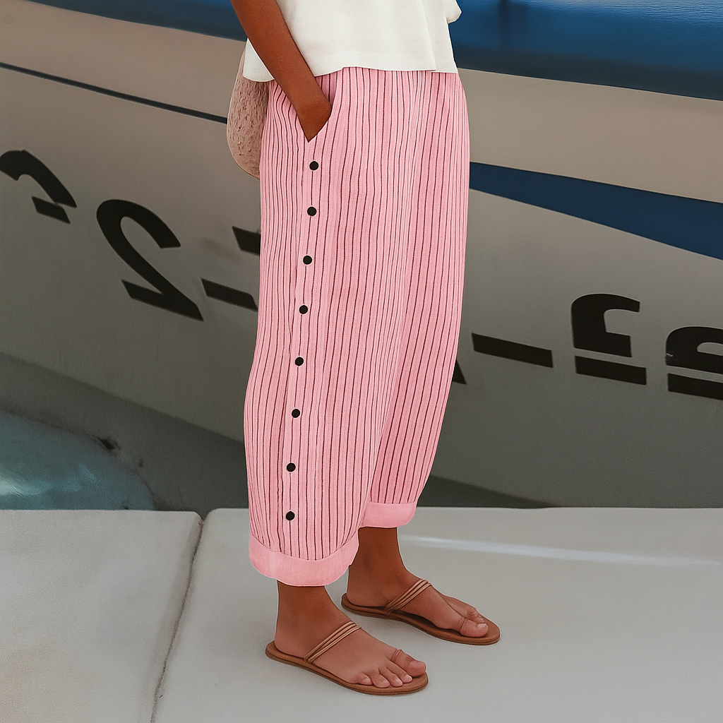 Women's Striped Wide Leg Pants | Button Side Detail-4