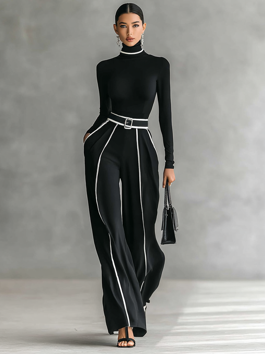 Women's Wide Leg Pants Set | Turtleneck Maxi-5