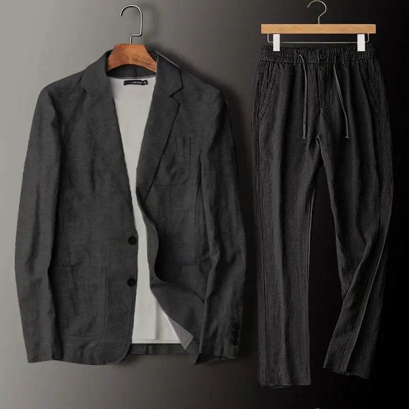 Men's Linen Blazer Wide Leg Pants Set | Casual-2