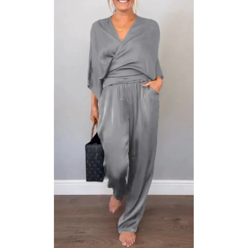 Women's Wrap Maxi Set | Wide Leg Pants-6