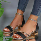 Women's Ankle Strap Block Heel Sandals | Gold Trim-2