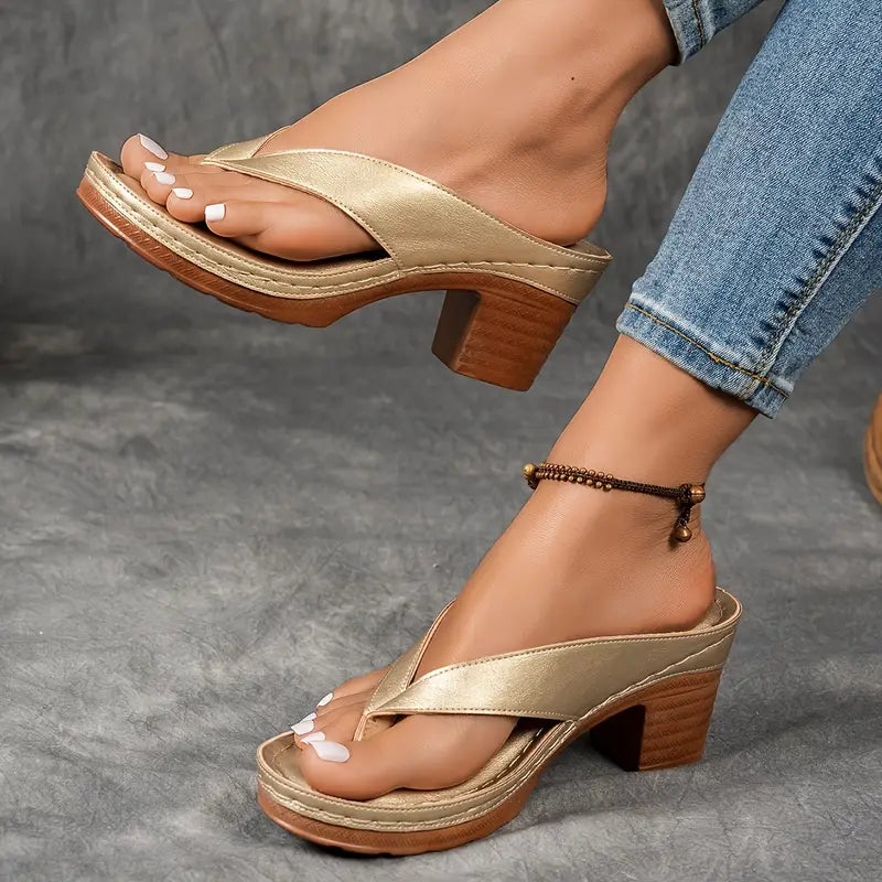 Women's Wedge Thong Sandals | Gold Platform Heel-3