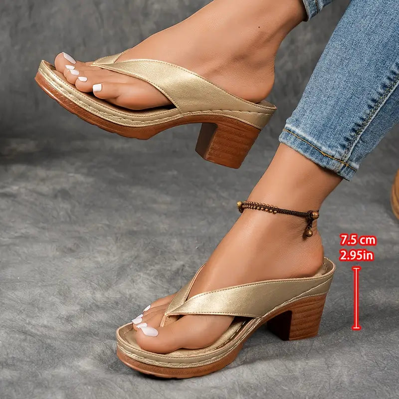 Women's Wedge Thong Sandals | Gold Platform Heel-7