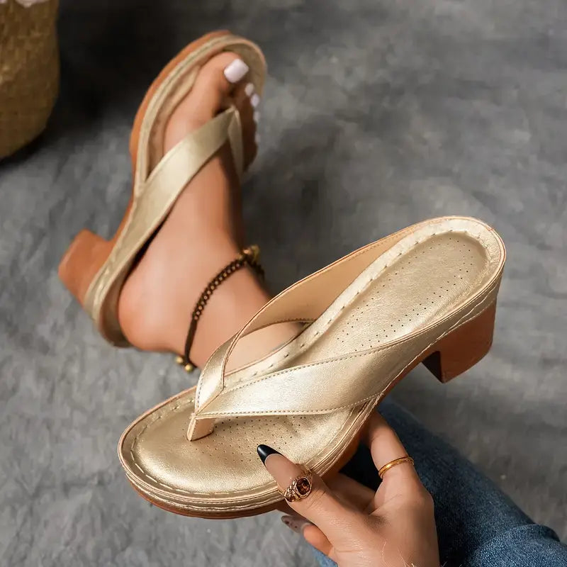 Women's Wedge Thong Sandals | Gold Platform Heel-10