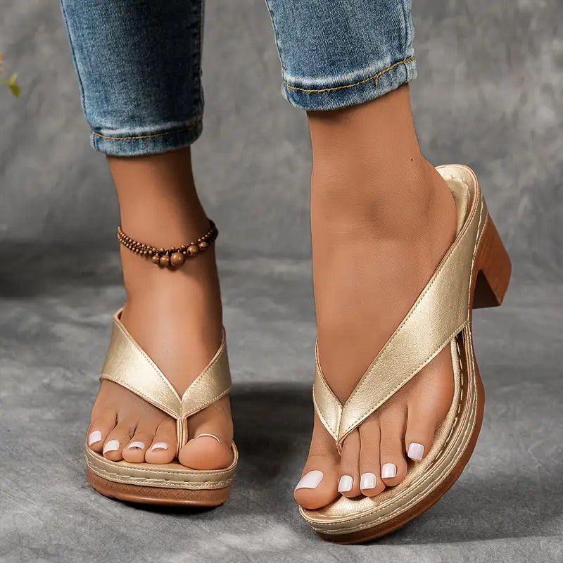 Women's Wedge Thong Sandals | Gold Platform Heel-1