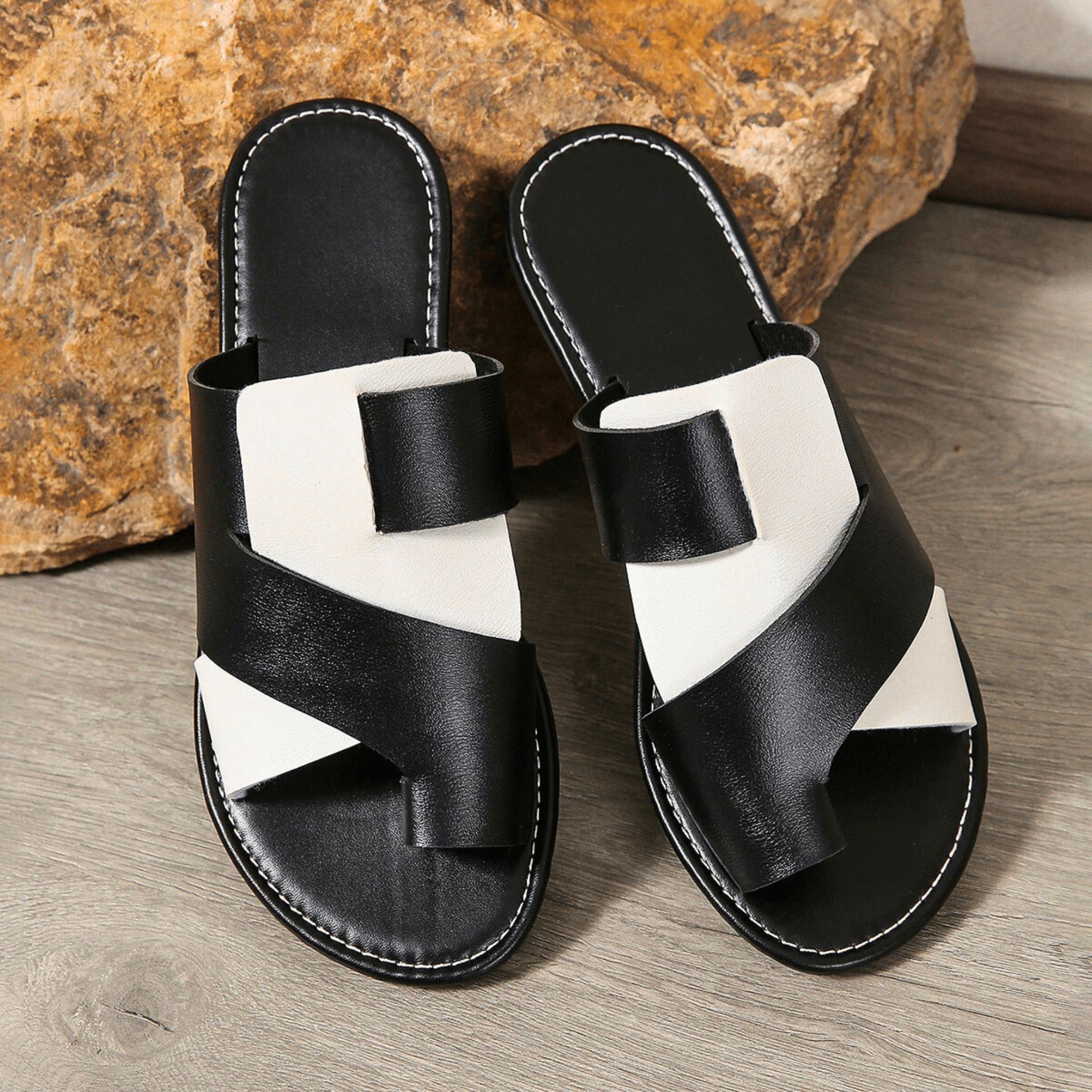 Women's Cross Slides | Black White-5