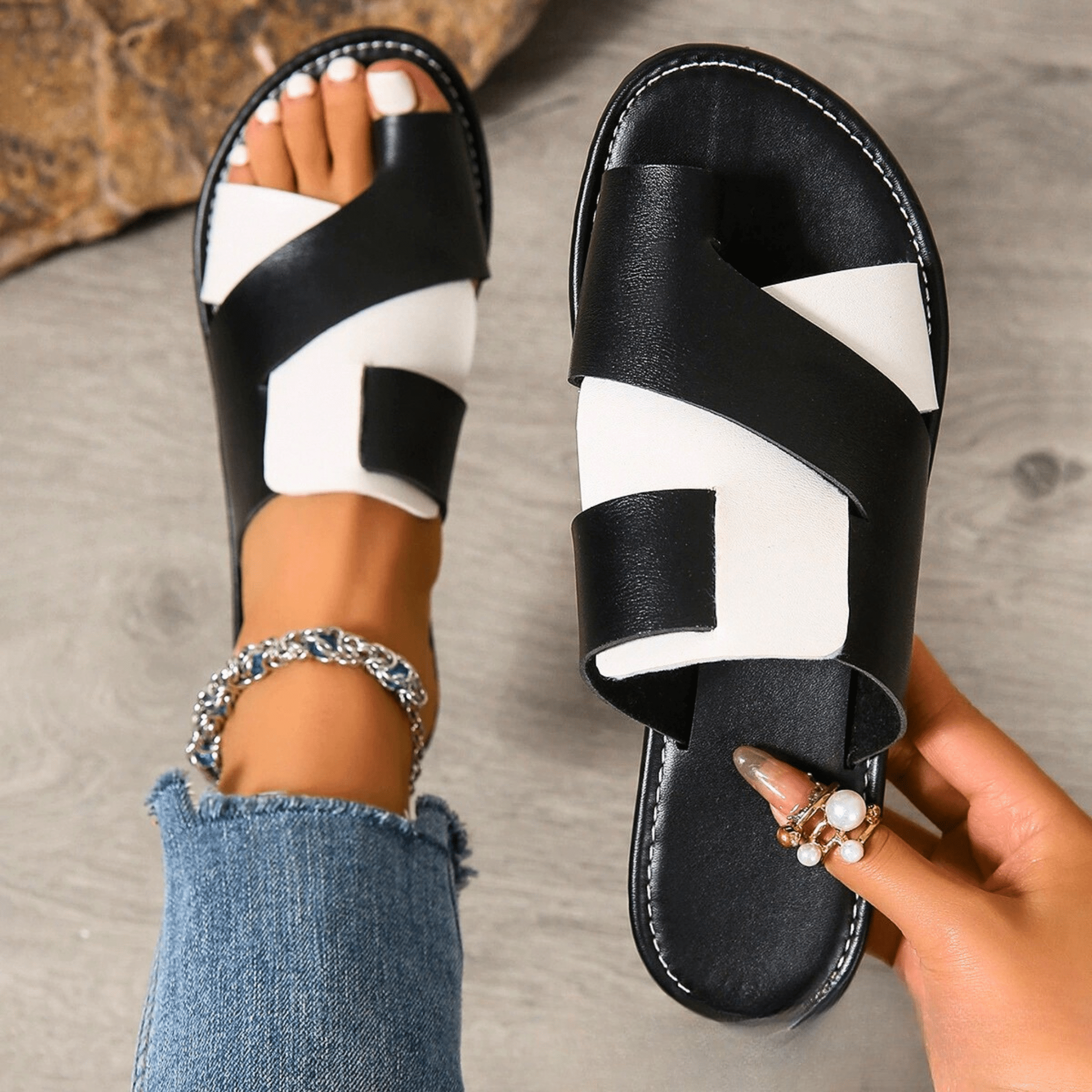 Women's Cross Slides | Black White-3