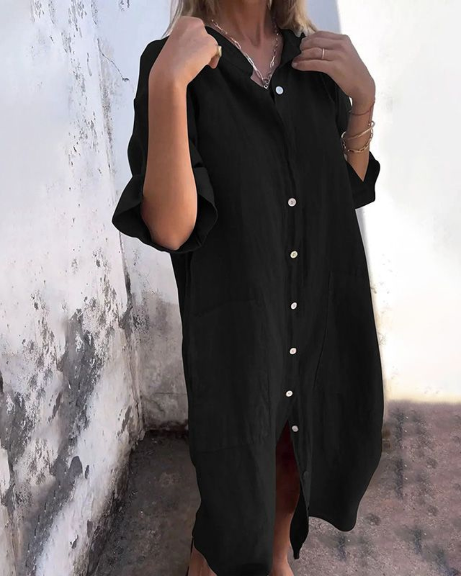 Women's Oversized Shirt Dress | Button-Down Pockets-2
