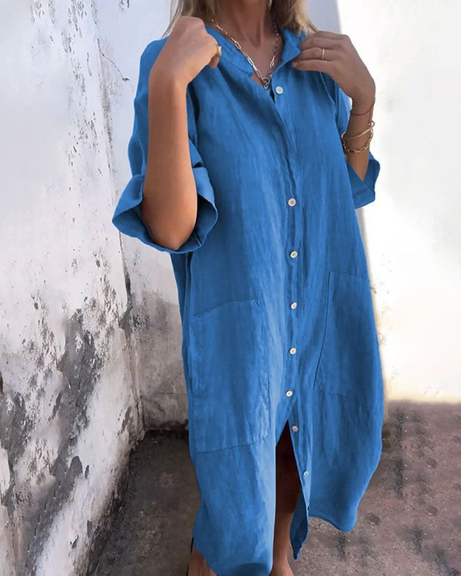 Women's Oversized Shirt Dress | Button-Down Pockets-3