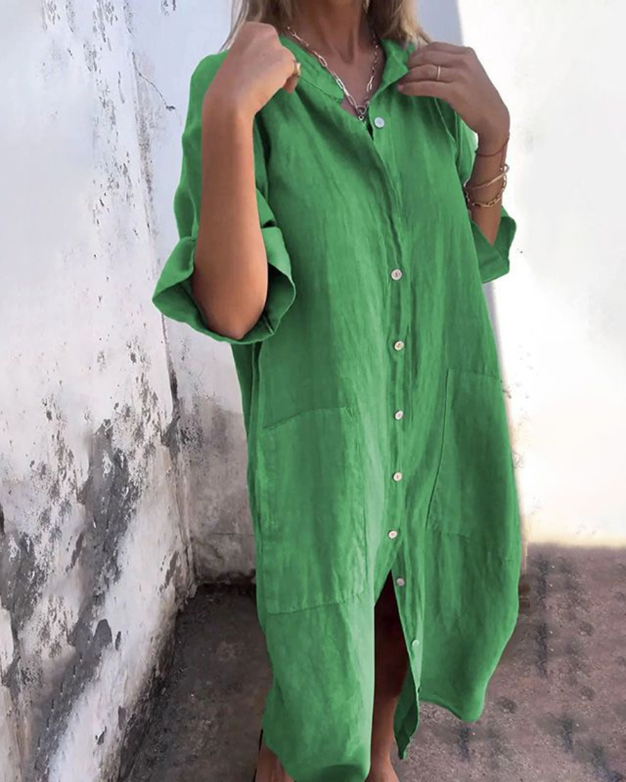 Women's Oversized Shirt Dress | Button-Down Pockets-4