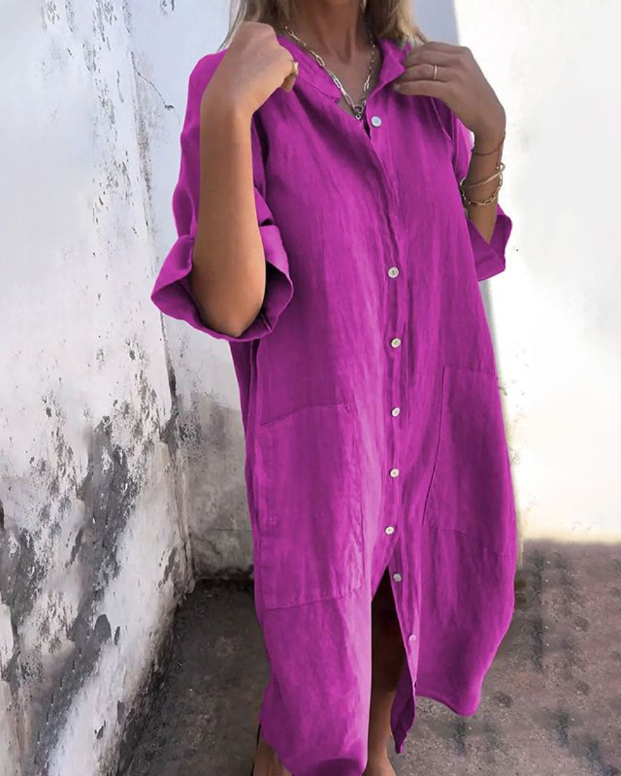 Women's Oversized Shirt Dress | Button-Down Pockets-5