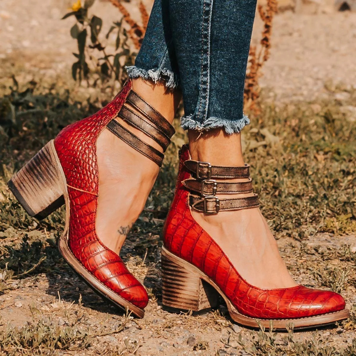 Women's Buckle Ankle Strap Booties | Chunky Block Heel-7
