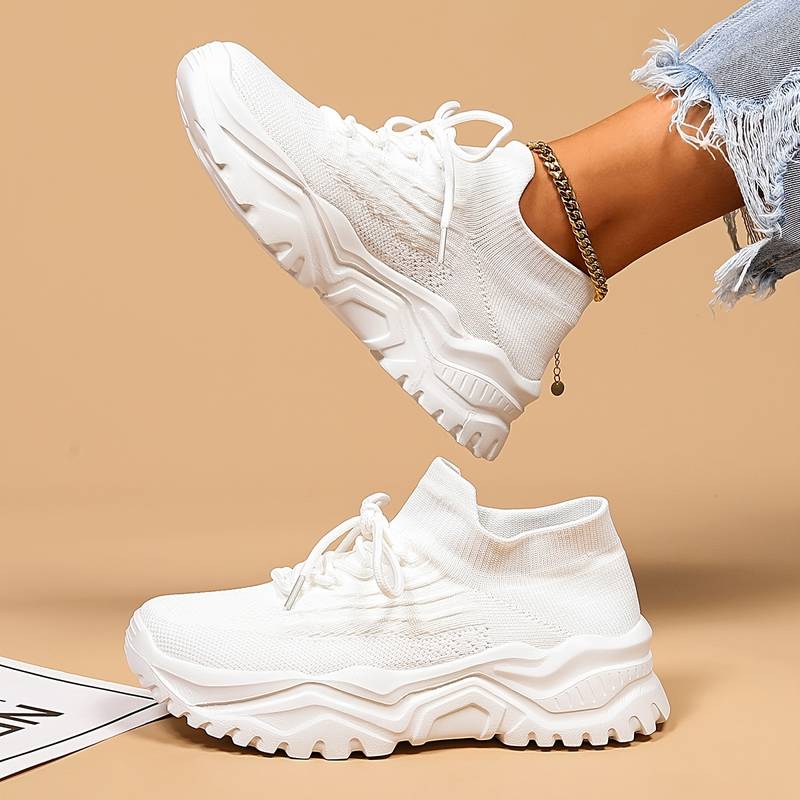 Women's White Running Sneakers | Lace-Up Casual-2