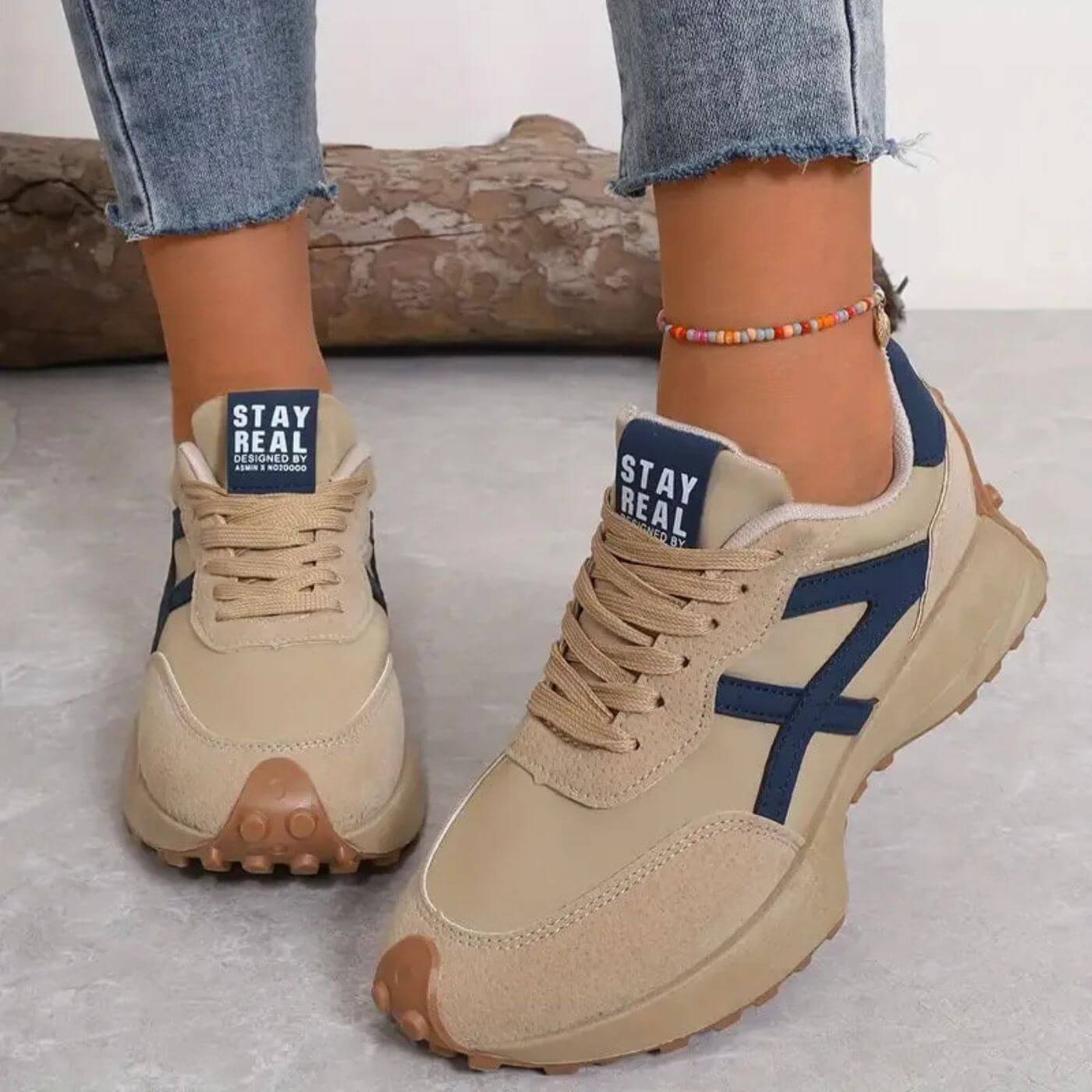 Women's Casual Sneakers | Black Beige Color Block-3