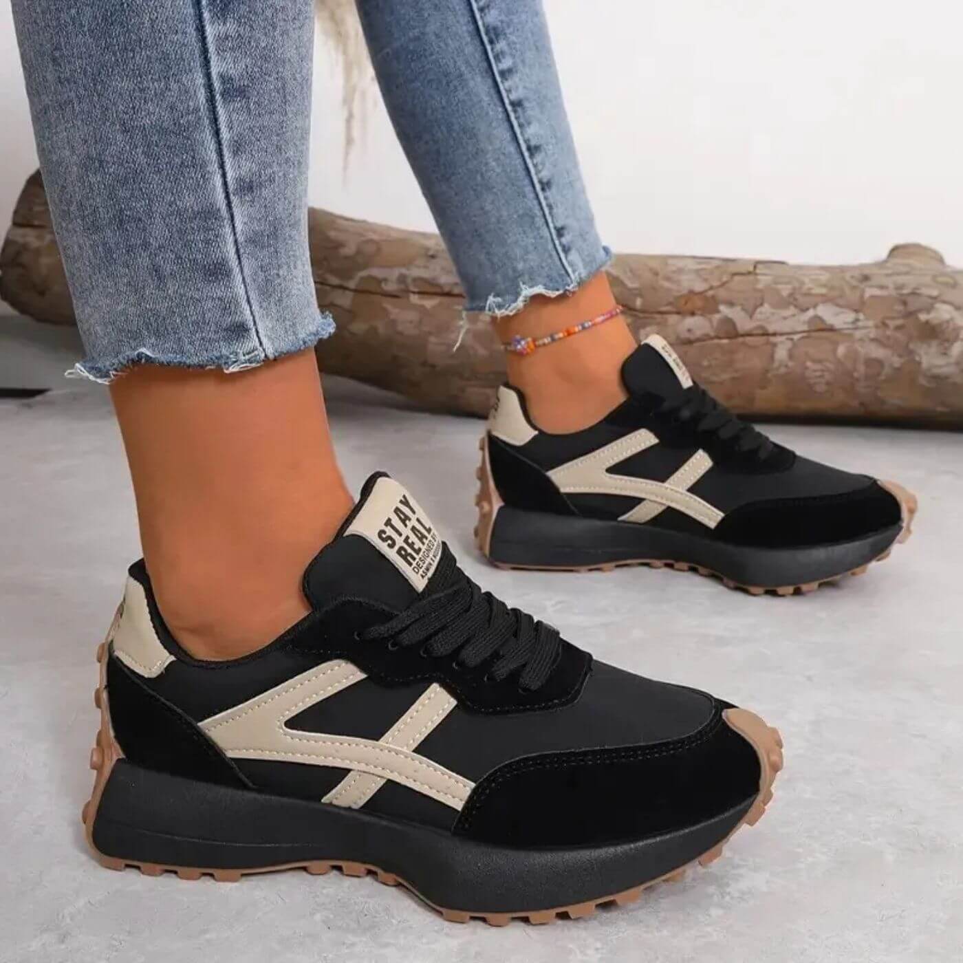 Women's Casual Sneakers | Black Beige Color Block-1