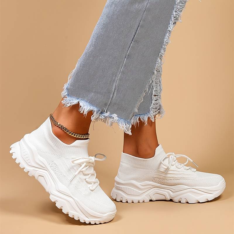 Women's White Running Sneakers | Lace-Up Casual-3