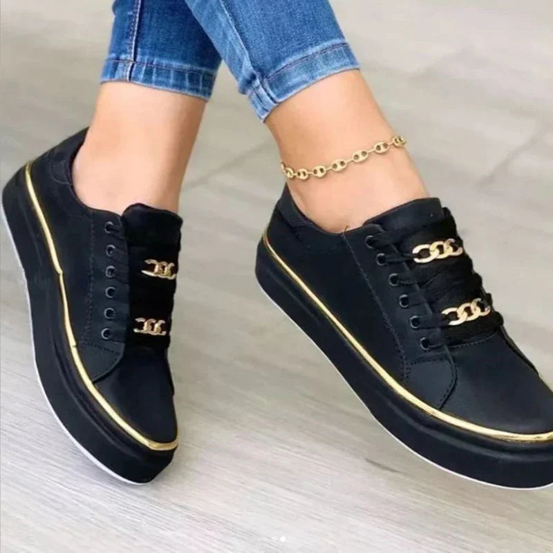 Women's Black Platform Sneakers | Gold Chain-1