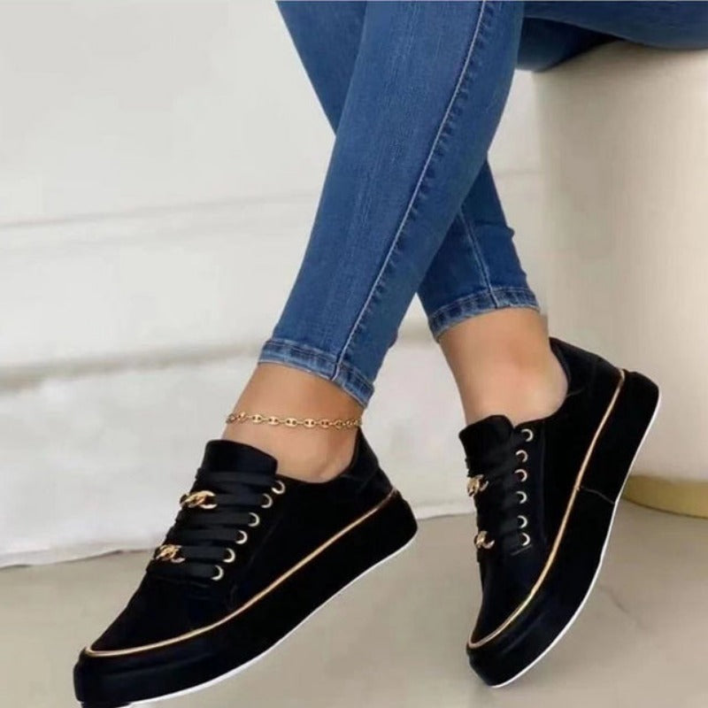 Women's Black Platform Sneakers | Gold Chain-4