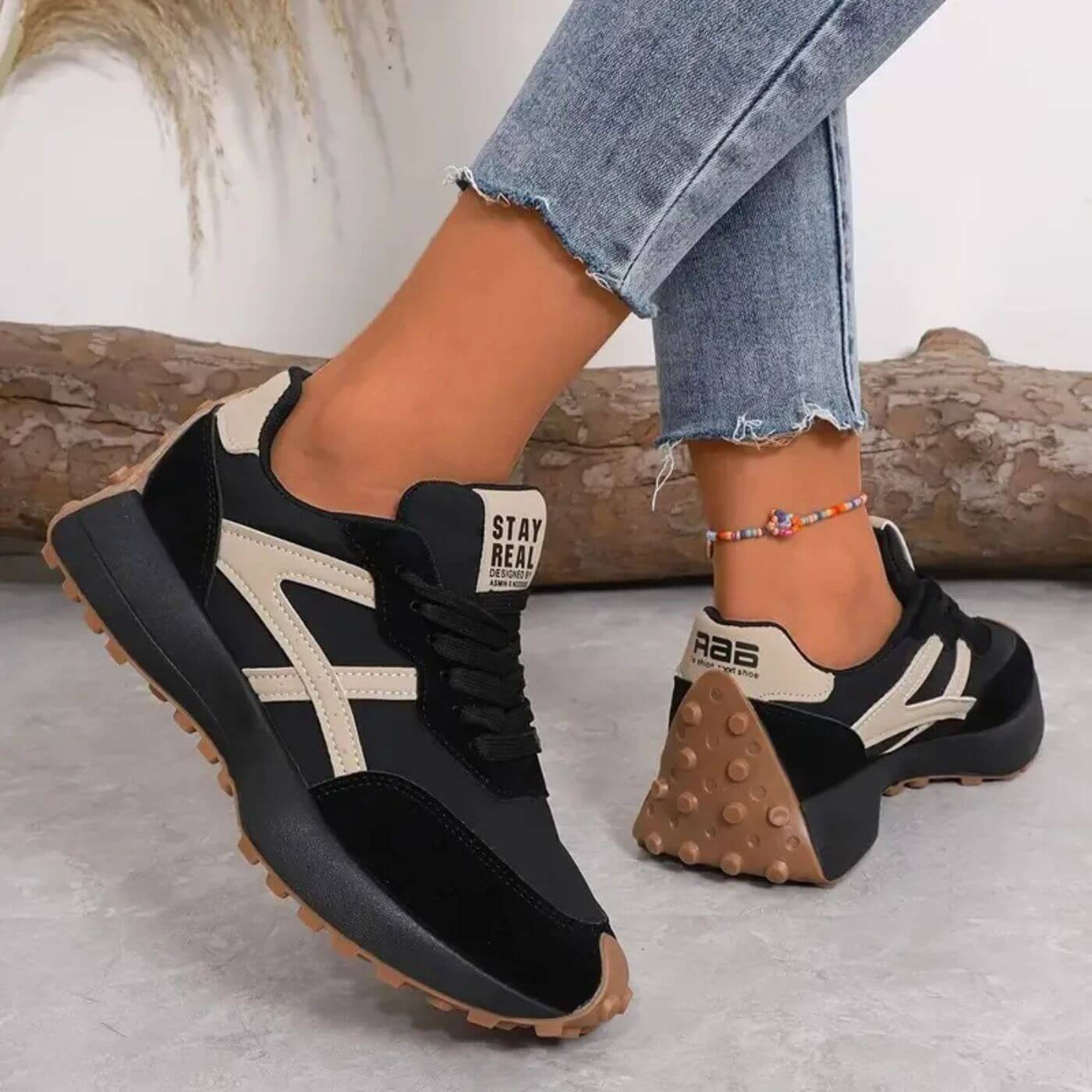 Women's Casual Sneakers | Black Beige Color Block-5