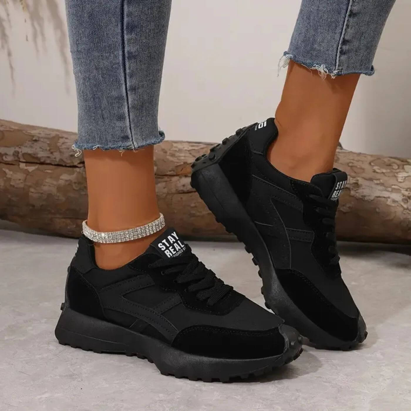 Women's Casual Sneakers | Black Beige Color Block-2