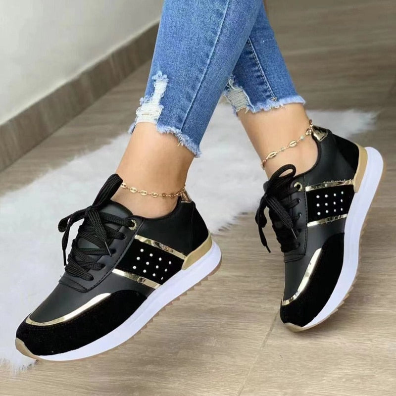 Women's Lace-Up Sneakers | Navy Gold Detail-3