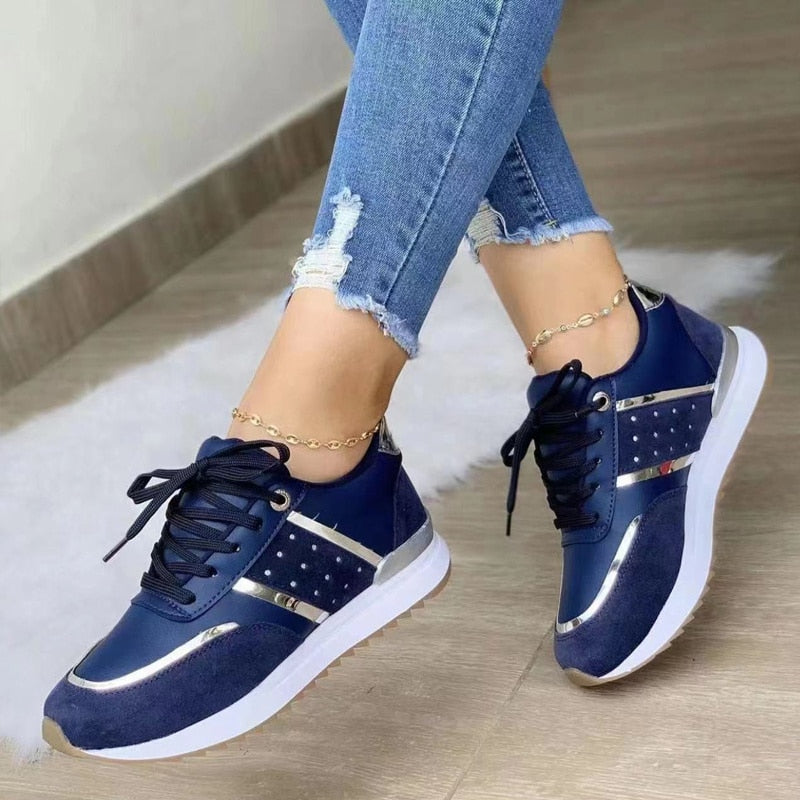 Women's Lace-Up Sneakers | Navy Gold Detail-1