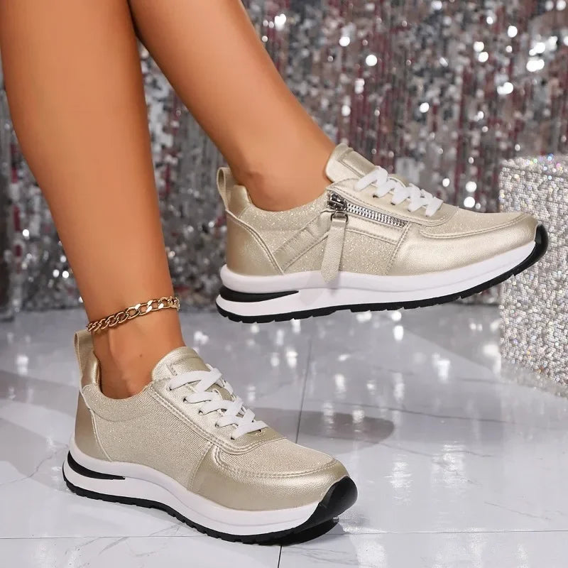 Women's Silver Lace-Up Sneakers | Platform Zip-4