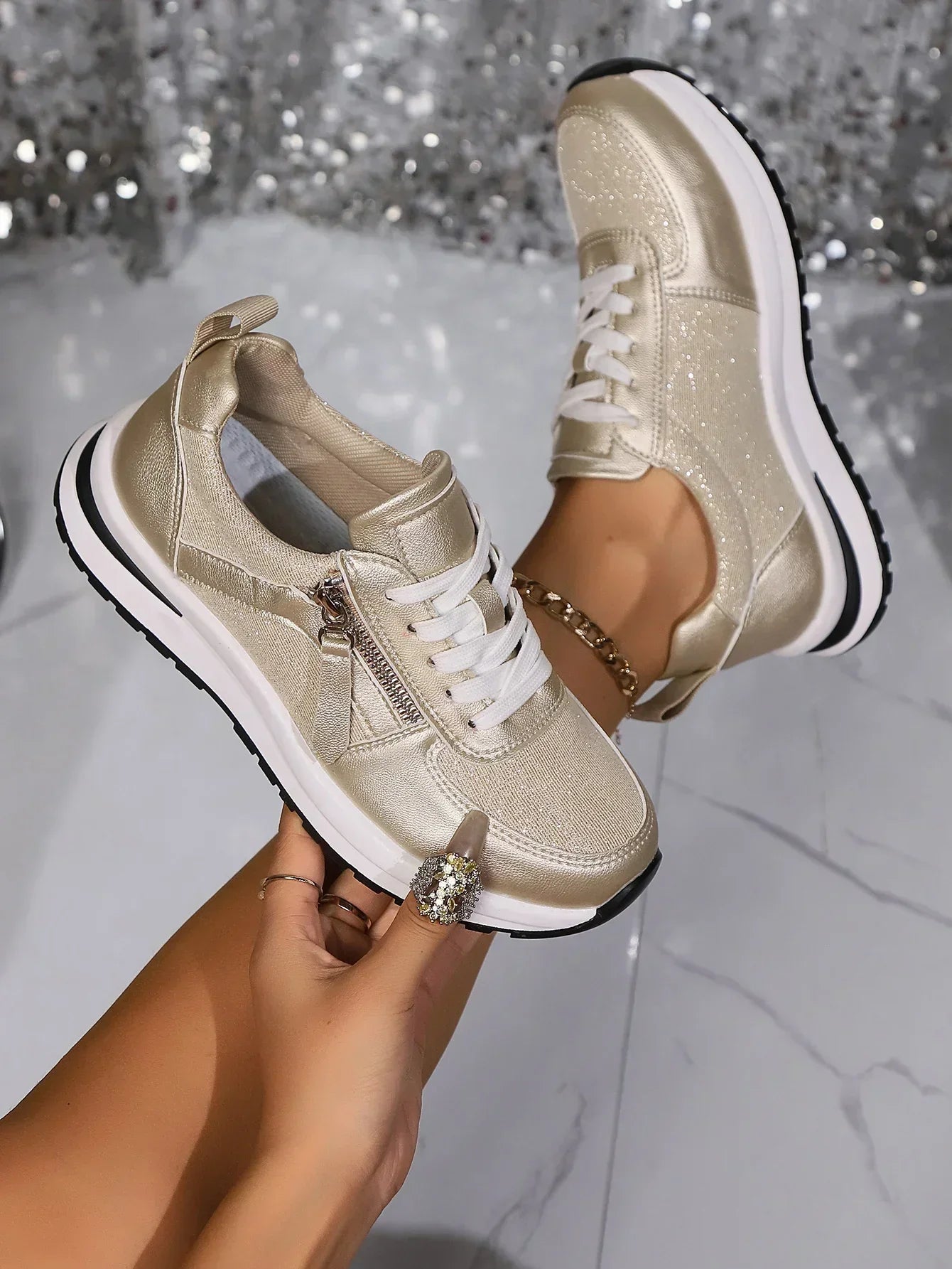 Women's Silver Lace-Up Sneakers | Platform Zip-2