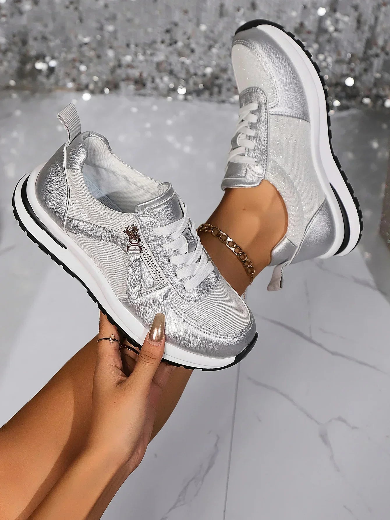 Women's Silver Lace-Up Sneakers | Platform Zip-1