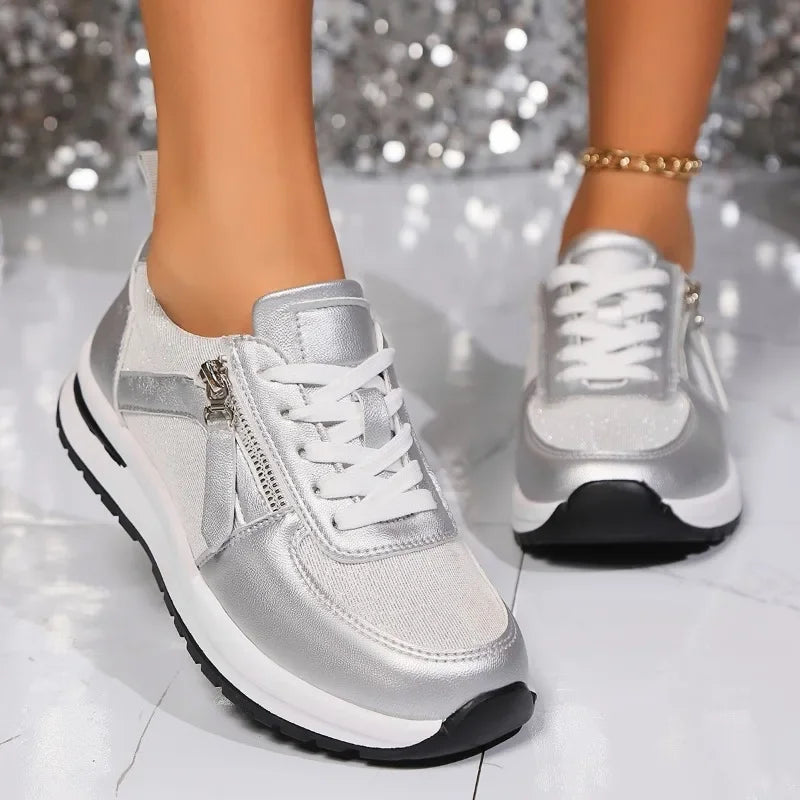 Women's Silver Lace-Up Sneakers | Platform Zip-3